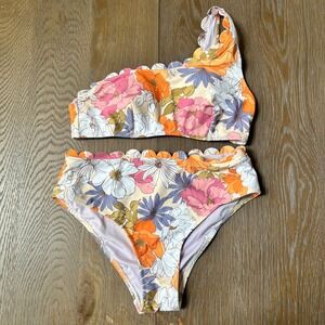 High Waisted One Shoulder Bikini Set Floral Print Scallop Trim Orange Pink